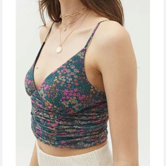 Urban Outfitters Moonbeam Ruched Mesh Plunging Cami New Size XS Botanical - Picture 1 of 6